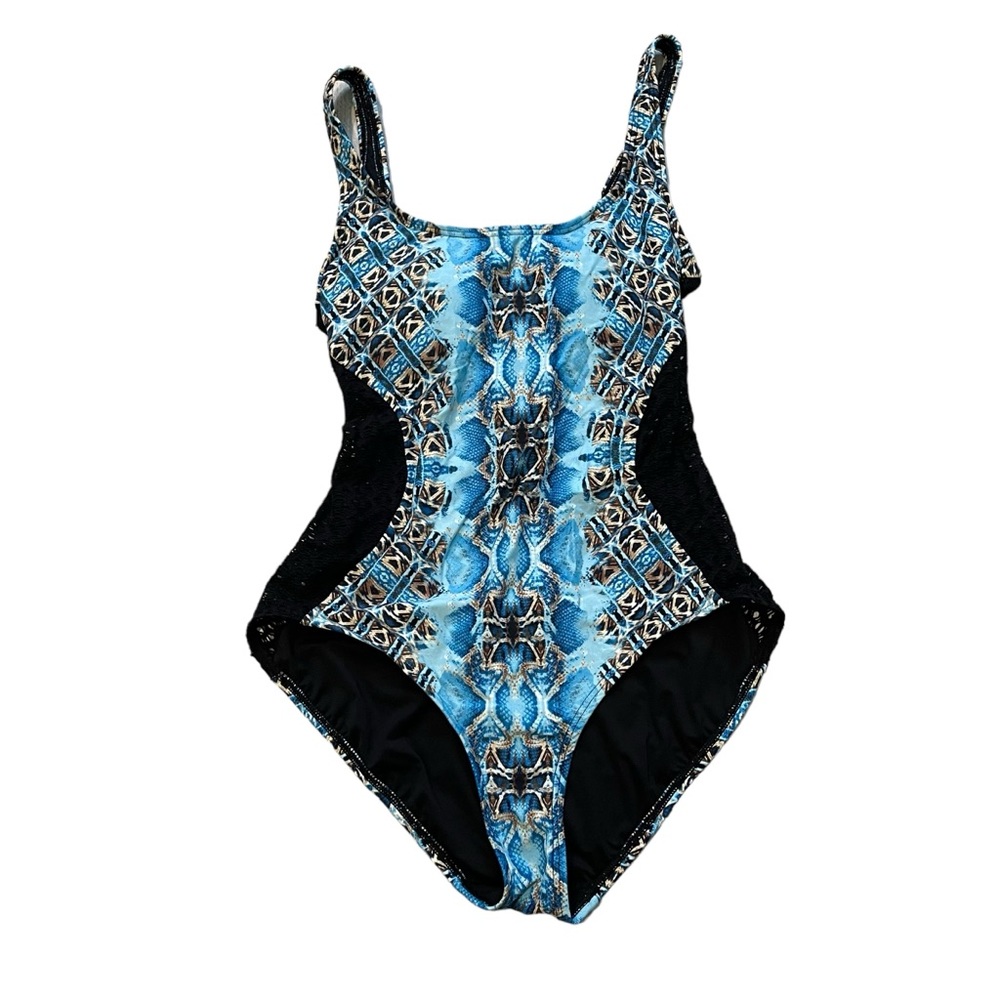 Carmen Marc Valvo Blue and Black Printed One-Piece Swimsuit